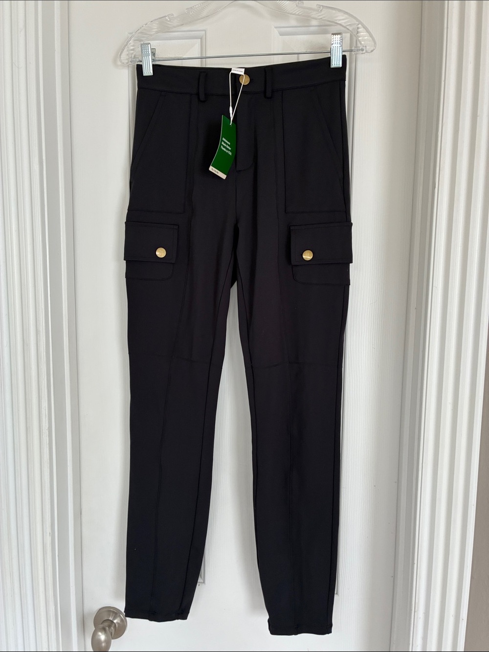 HALARA Black Skinny Cargo Pants with Gold Button Accents